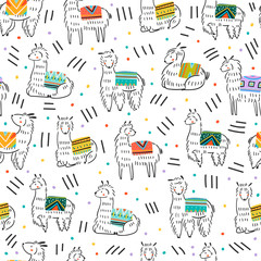 Graphic sketchy llamas in various poses with colorful carpets on back. Lines and dots. Hand drawn trendy vector seamless pattern
