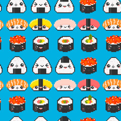 Various sushi with face emotions. Pixel art. Hand drawn trendy illustration. Flat design. Kawaii vector seamless pattern. Blue background
