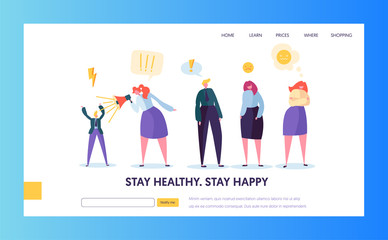 Angry People Character Making Scandal Concept Landing Page. Sad Man and Woman in Business Suit Screaming Megaphone. Aggressive Behavior Website or Web Page. Flat Cartoon Vector Illustration