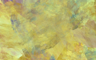 Abstract yellow background. Yellow, blue, purple and brown lines, shapes and spots intersect randomly in the frame.