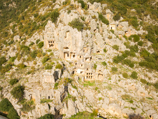 High Angle Aerial Rock Cut Tombs Myra Turkey