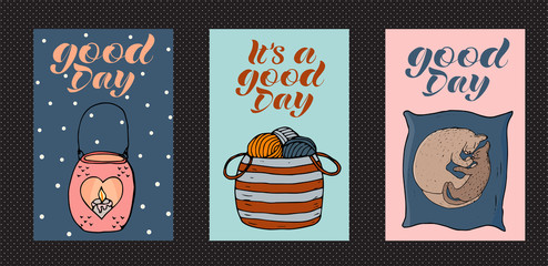 Cosy and cute vector set of cards. 