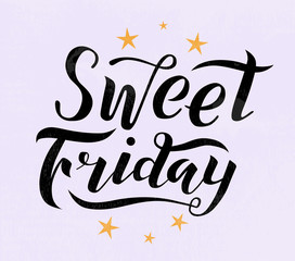 Sweet time lettering text on light violet textured background with stars. Handmade brush calligraphy vector illustration. Sweet vector design for poster, logo, decor, card, banner, postcard and print.