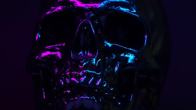 Shining skull head rotates from left to right on dark background with neon pink and blue light. Halloween celebration, glamour, style concept. fear and horror.