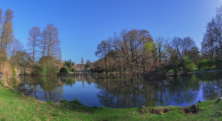 Milan - Italy, the pond of Sempione park with the Sforza castle in the background