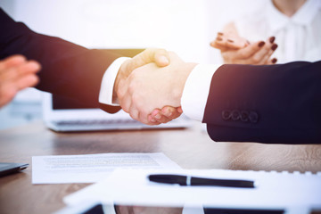 Business people shaking hands at meeting or negotiation in the office. Handshake concept. Partners are satisfied because signing contract