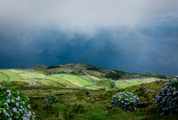 Fototapeta premium Portugal, the Azores. View on the eastside of Corvo island and the atlantic ocean.
