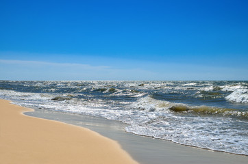 Fototapeta na wymiar Sea waves wash the beach against a blue sky. Landscape on a wild beach. The sea in the summer.