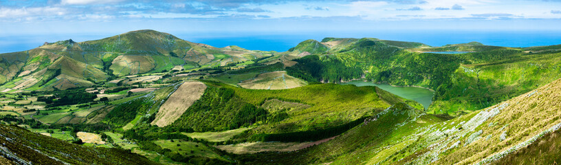 Fototapeta na wymiar Azores: Panoramic shot of the landscape of the island of Flores, the Azores, Portugal. 