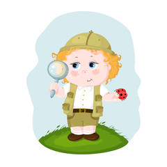 The child explores nature. Looking at bugs through a magnifie. Beautiful childrens illustration.