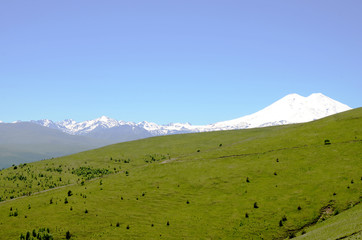 The views of the snowy peaks of mount Elbrus, mountain