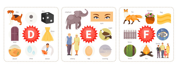 Pictures to letters D, E, F vector