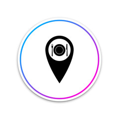 Map pointer with restaurant and cutlery, dish, fork, knife icon isolated on white background. Circle white button. Vector Illustration