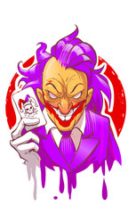 Cartoon joker character smiling holding play card violet suit hair white gloves vector illustration