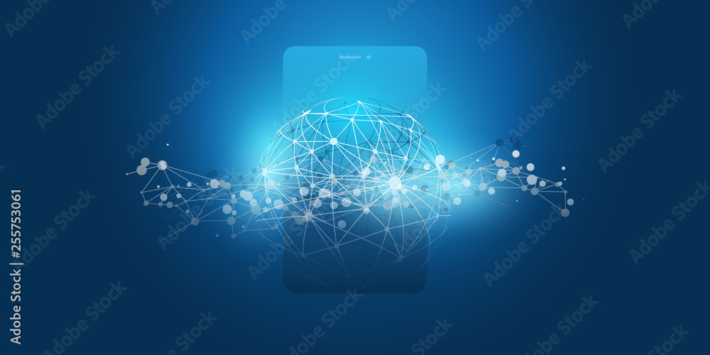 Poster dark blue 3d global networks design with network mesh and smartphone silhouette - vector template fo