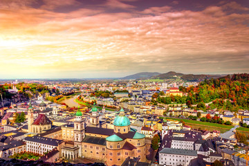 Scenic view opening from Hohensalzburg fortress in Salzburg to the city and Alps, Austria