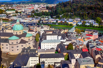 Scenic view opening from Hohensalzburg fortress in Salzburg to the rooftops of the houses and the city