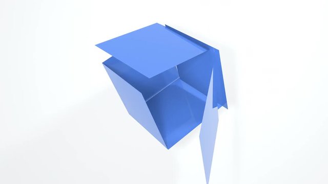 Abstract 3d animation of blue cube flying. 4k footage.