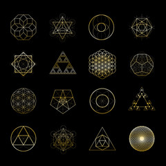 Sacred geometry golden vector design elements collection. Alchemy, religion, philosophy, spirituality, hipster symbols.