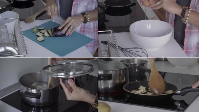 Collage of close up shots of young womens hands cutting eggplants, frying them, smashing eggs, boiling something. Cooking concept 