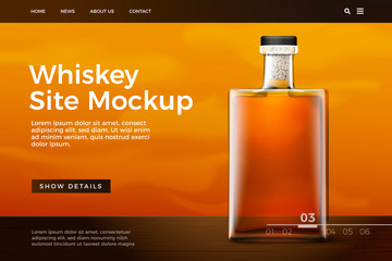 Vector realistic 3d glass whiskey bottle on bright modern site template with typographic background. Mock-up for product package branding.