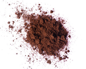 Ground coffee on a white background isolation, top view