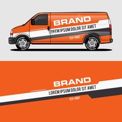 car livery orange van wrap design wrapping sticker and decal design for corporate company branding vector © nianurul