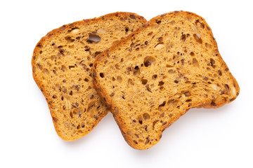Rye bread slice on a white background.