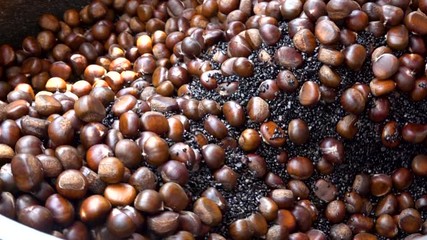 Super slow motion of roast chestnuts in the machine