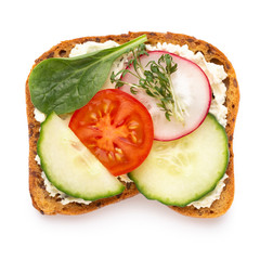 Fototapeta na wymiar sandwiches with cream cheese, vegetables and salami. Sandwiches with cucumber, radish, tomatoes, salami on a white background, top view. Flat lay.