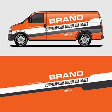car livery orange van wrap design wrapping sticker and decal design for corporate company branding vector