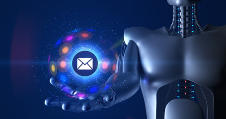 Fototapeta premium Futuristic humanoid robot holding 3d email symbol. Technology related 3D Render.