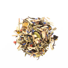 Herbal tea on a white background. Top view.
