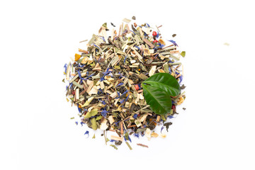 Herbal tea on a white background. Top view.