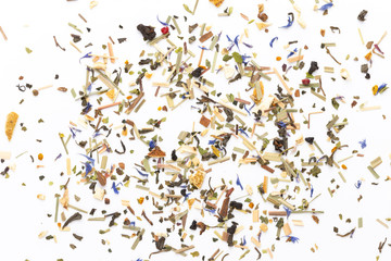 Herbal tea on a white background. Top view.