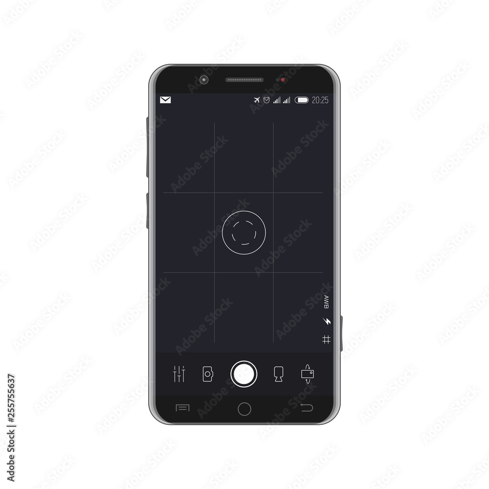 Poster smartphone with camera app on screen. camera overlay on screen with buttons and icons. filming and v