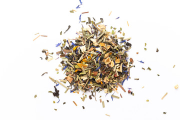 Herbal tea on a white background. Top view.