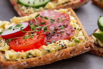 Sandwiches with cream cheese, vegetables and salami.