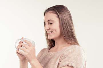 girl with a cup of tea and coffee