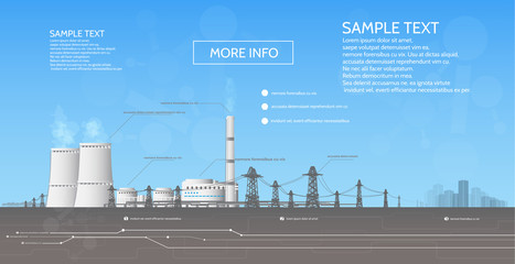 Nuclear power plant, with electric pylons, power supply to the city, infographics. - obrazy, fototapety, plakaty