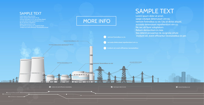 Nuclear power plant, with electric pylons, power supply to the city, infographics.