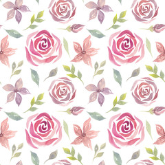 watercolor seamless pattern with flowers, roses, leaves. Ideal for fabric, textiles, bed linen, wrapping paper, cards, wedding invitations