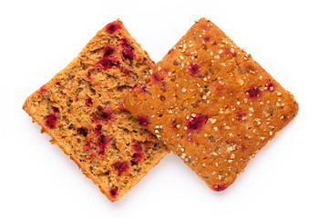 Rye bread slice on a white background.