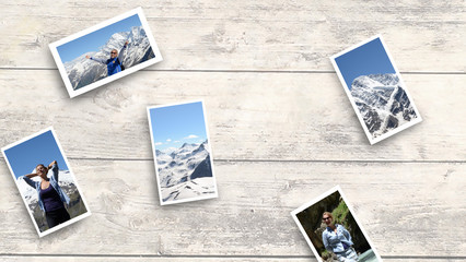 Fototapeta na wymiar Photos vacation in the mountains on a wooden table
