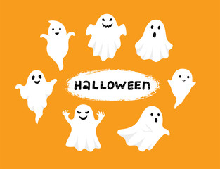 Happy Halloween, Ghost, Scary white ghosts. Cute cartoon spooky character. Smiling face, hands. Orange background Greeting card.