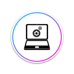 Laptop and gears icon isolated on white background. Laptop service concept. Adjusting app, setting options, maintenance, repair, fixing laptop concepts. Circle white button. Vector Illustration