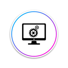 Monitor and gears icon isolated on white background. Monitor service concept. Adjusting app, setting options, maintenance, repair, fixing monitor concepts. Circle white button. Vector Illustration