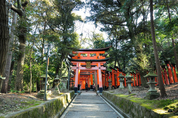 The red gates with forest in Fishimi Inari shrine in Kyoto Japan