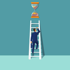 Businessman climbs up ladder. Way to succes. Vector illustration in flat style. Abstract finance background. Up stairs