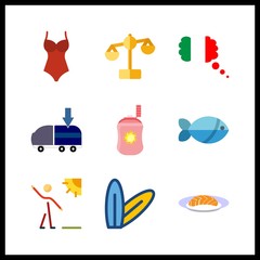 9 sea icon. Vector illustration sea set. surfboard and freight forwarding icons for sea works